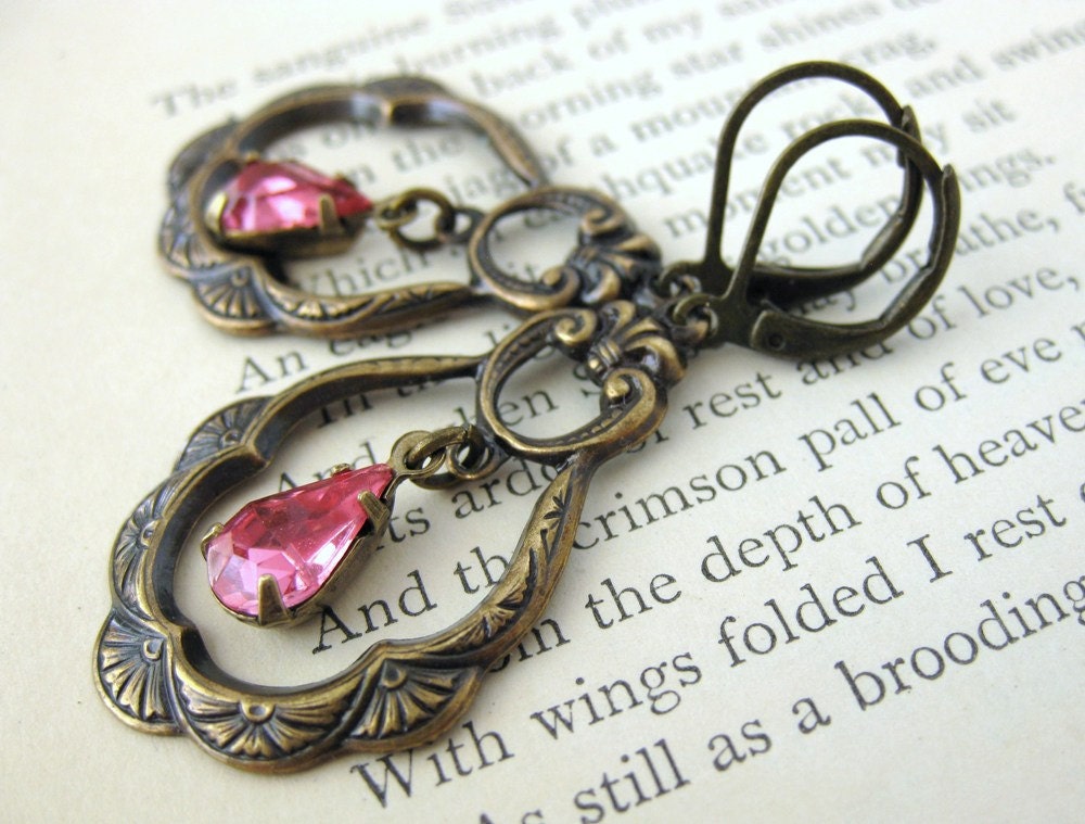 Vintage Rhinestone Earrings. Rose Pink Chandelier Filigree, Antiqued Brass