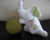 Elephant  Plush -Baby toddler Toy - Stuffed Animal - White terry cloth with green polka dots accents-Small