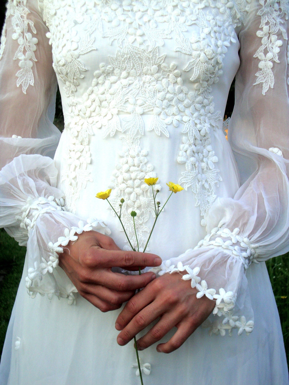 60s bohemian wedding dress / sheer sleeves embroidery XS