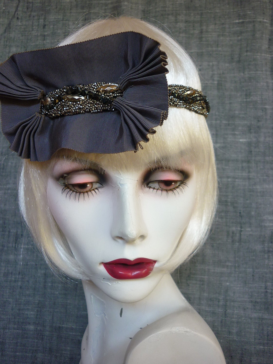 1920s Flapper Head Piece French Beaded w Cockade JAZZ Age ART Deco Roaring 20s