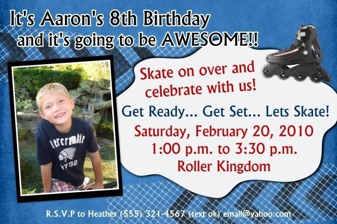 Roller Skating / Roller Blading (Boys) - Birthday Party Invitation, CUSTOM for YOU - 4x6 or 5x7 size