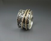 Etched Silver Spinner Ring with two 14K Gold-Filled Spinners