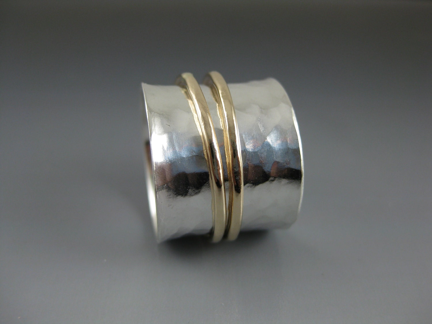 Uber-Wide Silver Spinner Ring with two 14K Gold-Filled Spinners