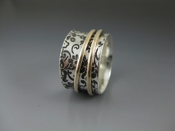 Etched Silver Spinner Ring with two 14K Gold-Filled Spinners