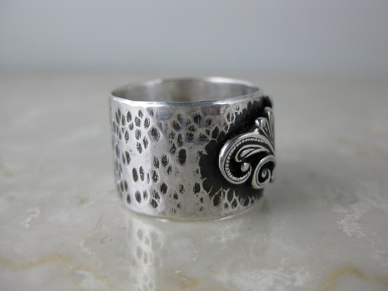 Ring - Wide Silver Hammered Band with Silver Filigree Design