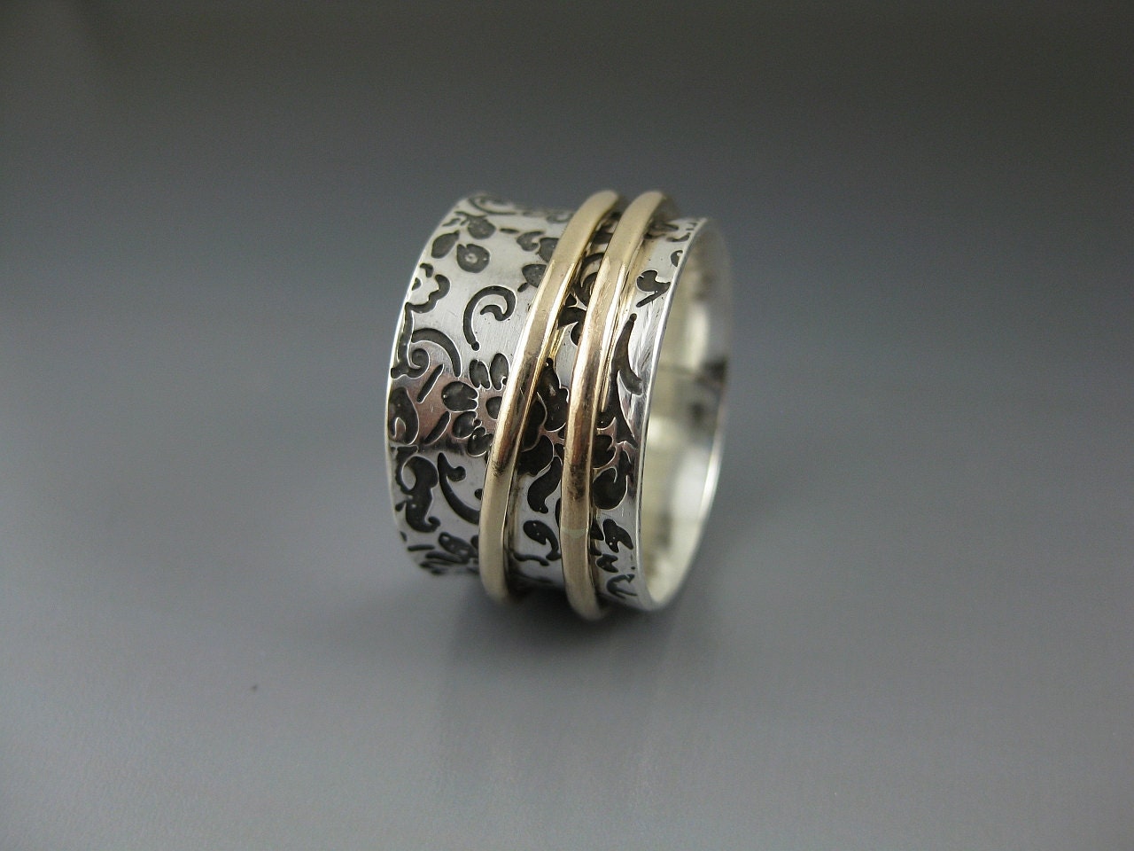 Etched Silver Spinner Ring with two 14K Gold-Filled Spinners