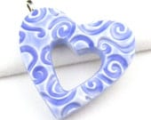 Open Heart Pendant Cornflower Blue Swirl Polymer Clay