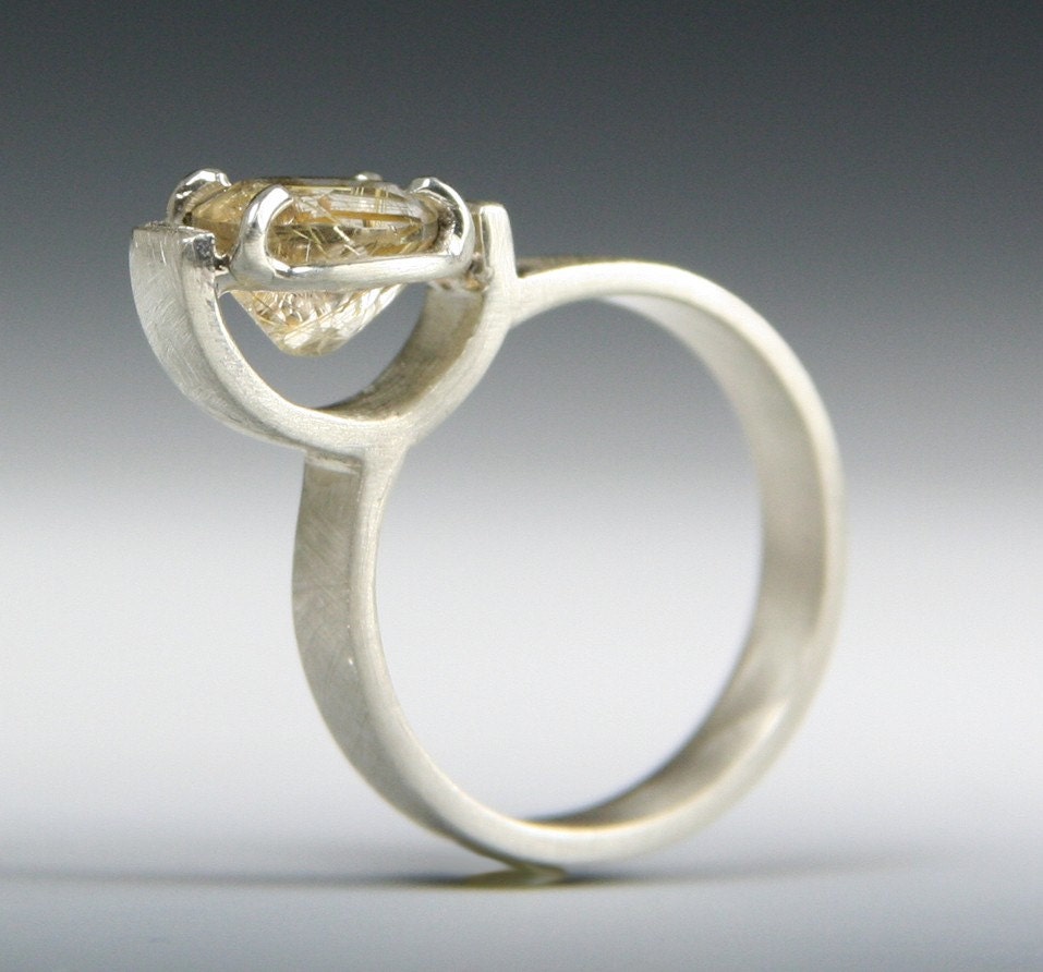 Rutilated Quartz Engagement Ring Solitaire Modern Recycled Sterling Silver