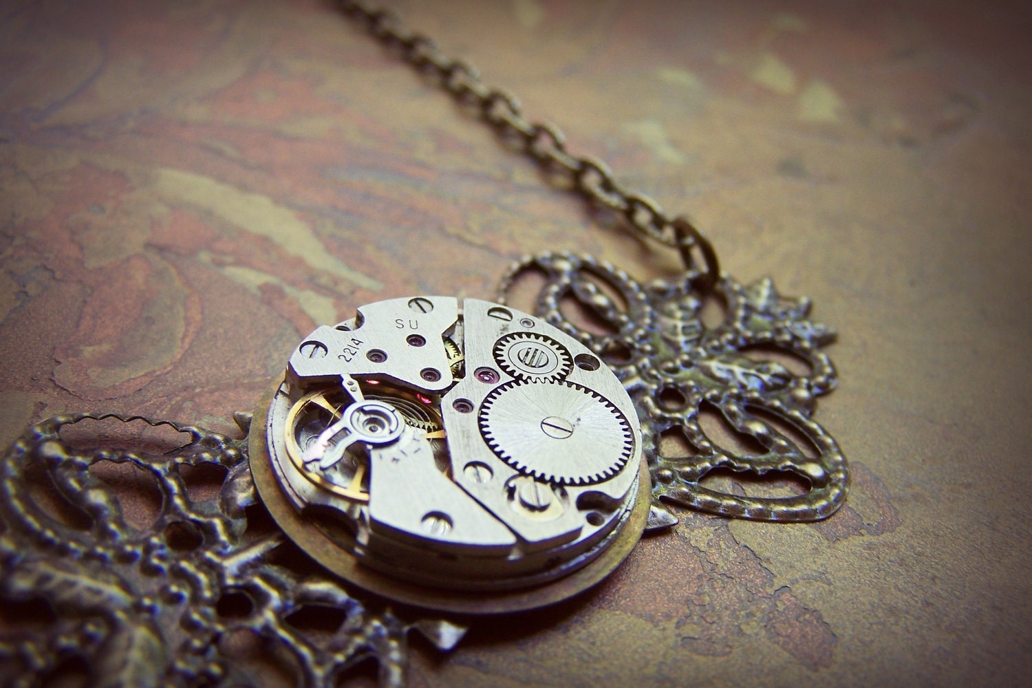 Steampunk Necklace Clockworks Large Brass Filigree