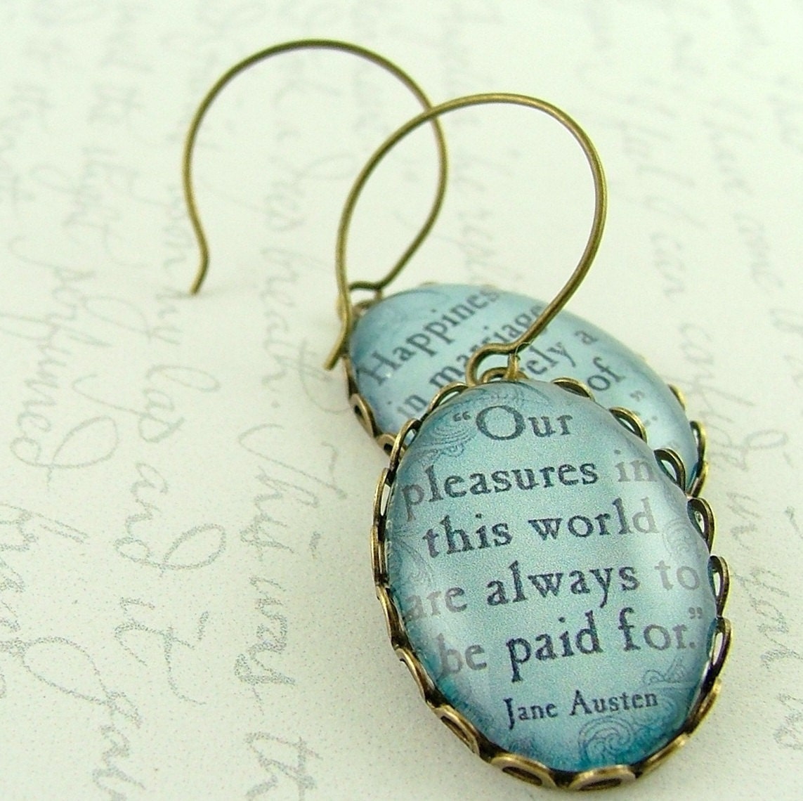 Jane Austen Literary Book Quote Earrings -  Happiness in marriage is entirely a matter of chance