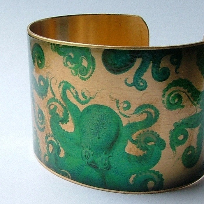 Octopus Jewelry Brass Cuff Bracelet with Mythical Kraken Sea Monster in Turquoise