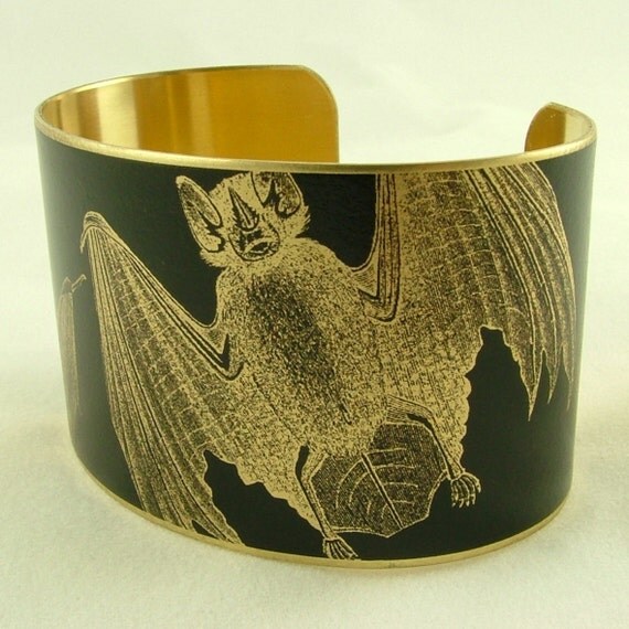 Gothic Vampire Bat Jewelry - Anatomical Black Brass Cuff Bracelet