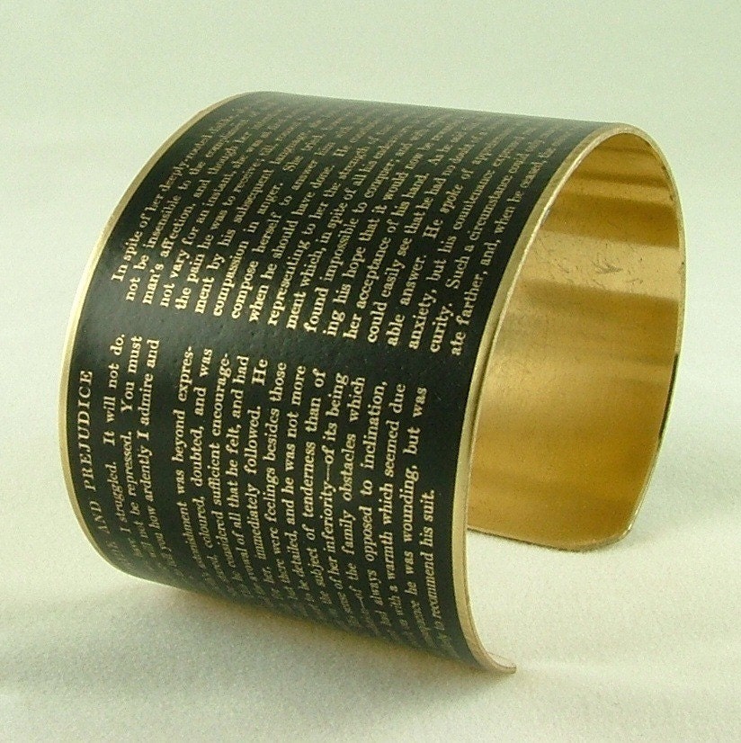 Jane Austen Pride and Prejudice Literary Brass Bracelet Cuff in Black