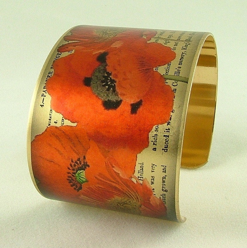 Poppy Flower Brass Cuff Bracelet - Pretty Orange Poppies