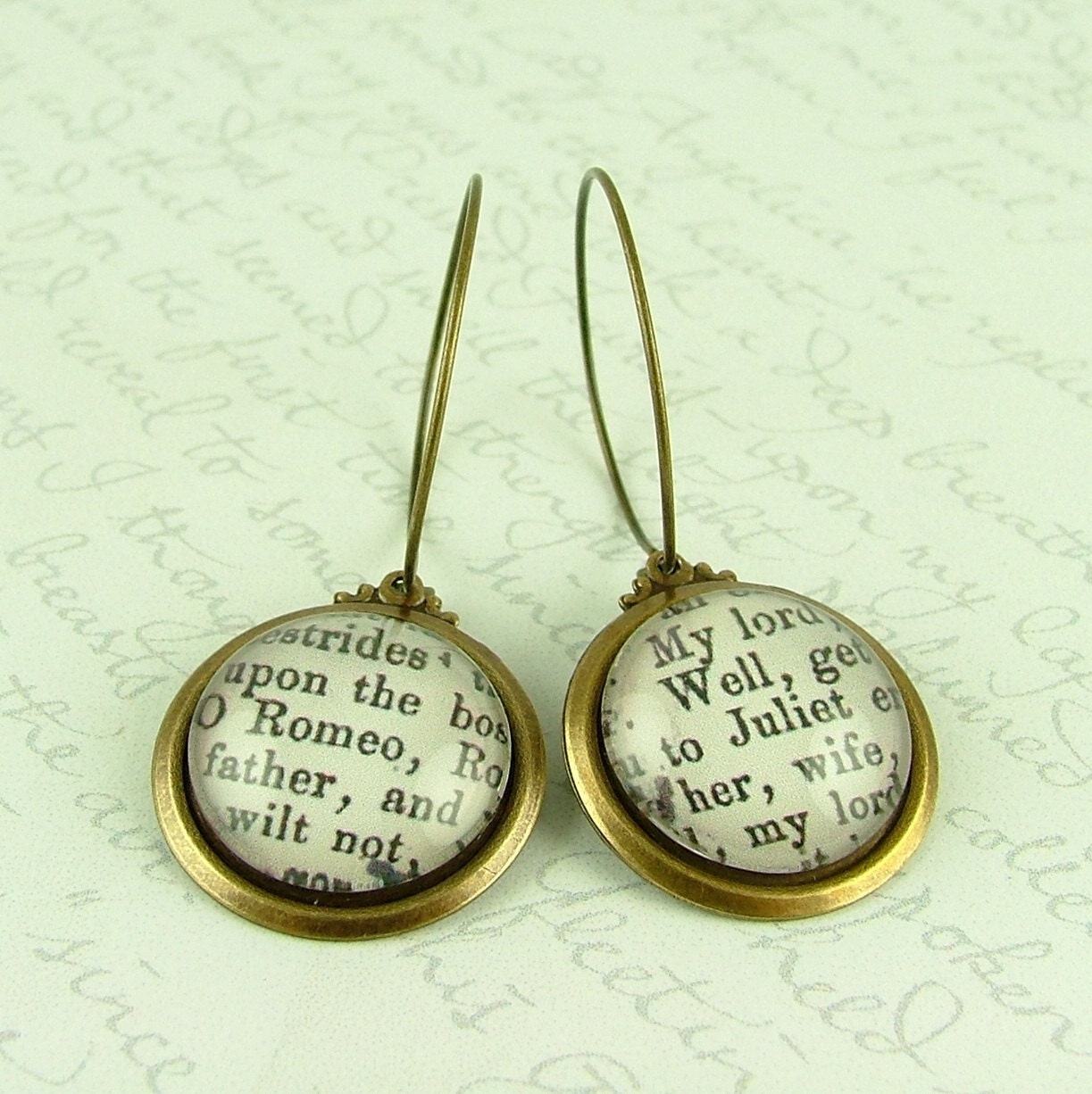 Shakespeare Brass Earrings - Romeo and Juliet Literary Quote Jewelry