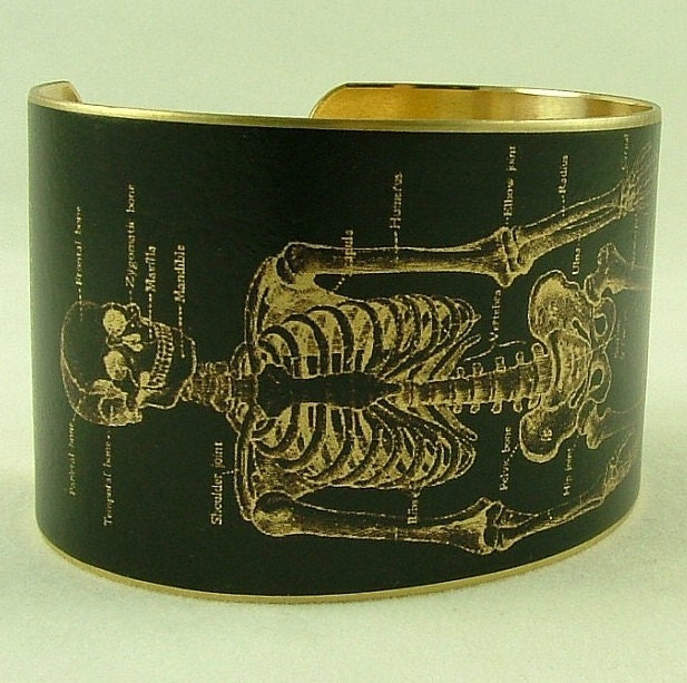 Anatomical Human Skeleton Brass Cuff Bracelet in Black - Doctor Jewelry