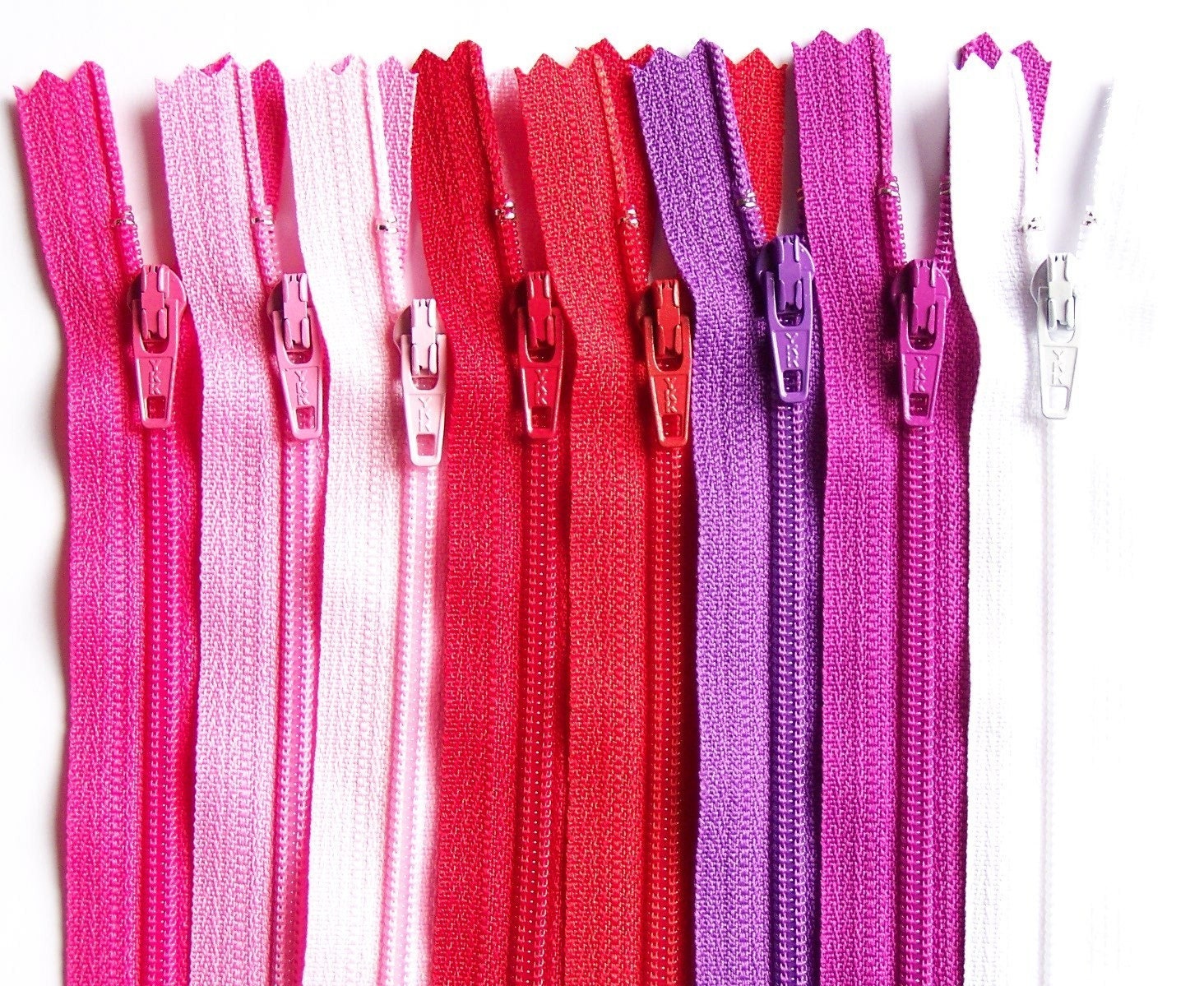 YKK Zipper 6 Inch Sampler Pack Valentine Mix cherry red bubble gum pink purple magenta white