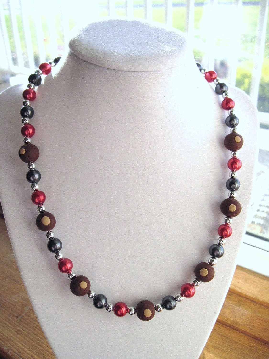 Red and Gray Pearl Necklace with Polymer Clay Buckeyes
