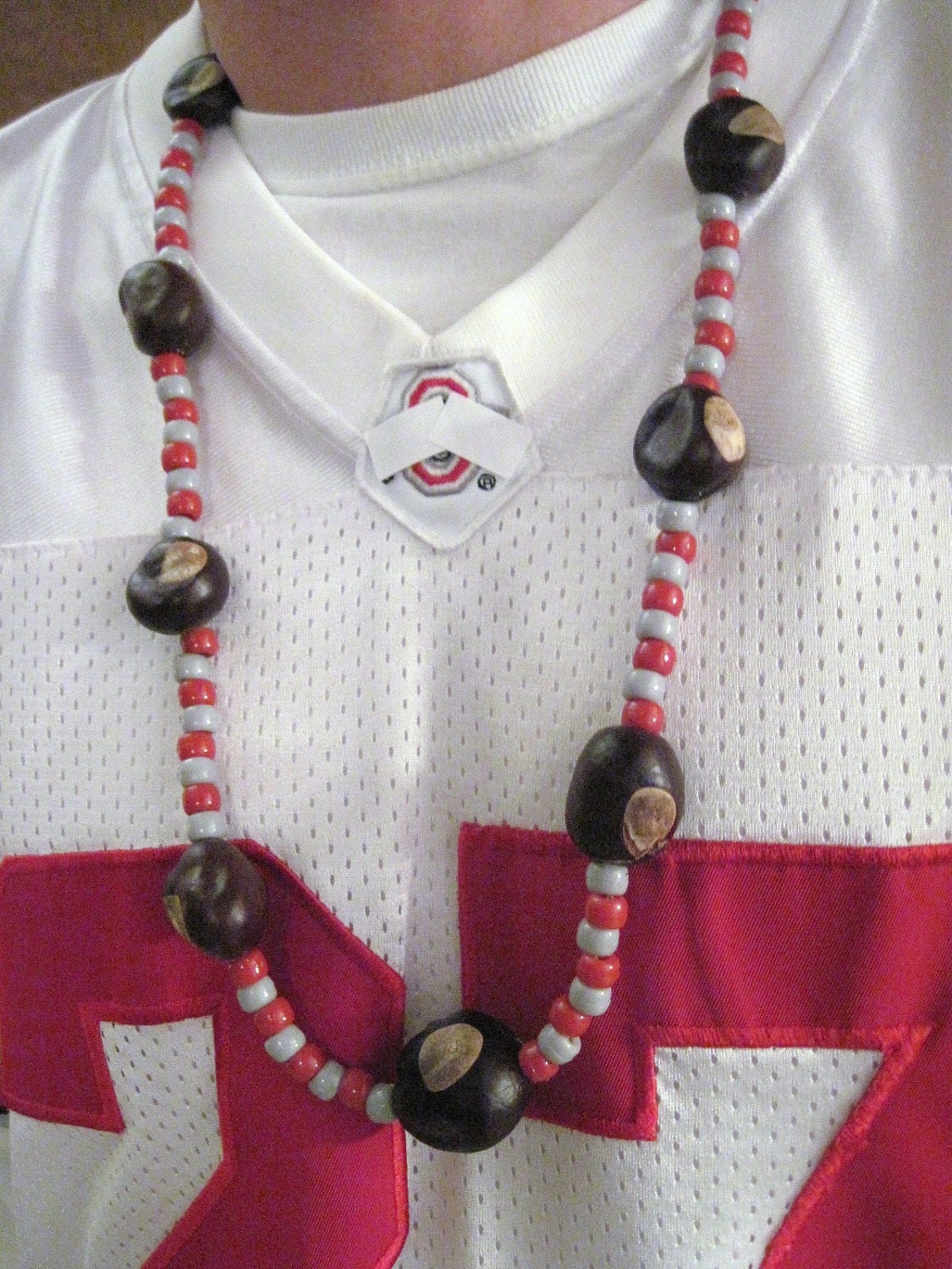 Real Ohio Buckeye Necklace with Red and Gray Beads