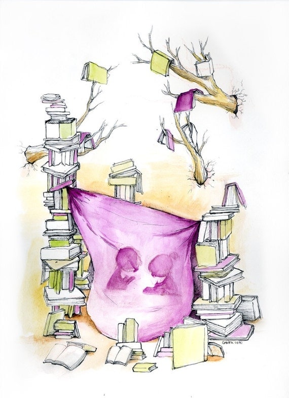 Literary Fort Watercolor Ink Print - Two kids in a literary fort of books, tree braches, and purple