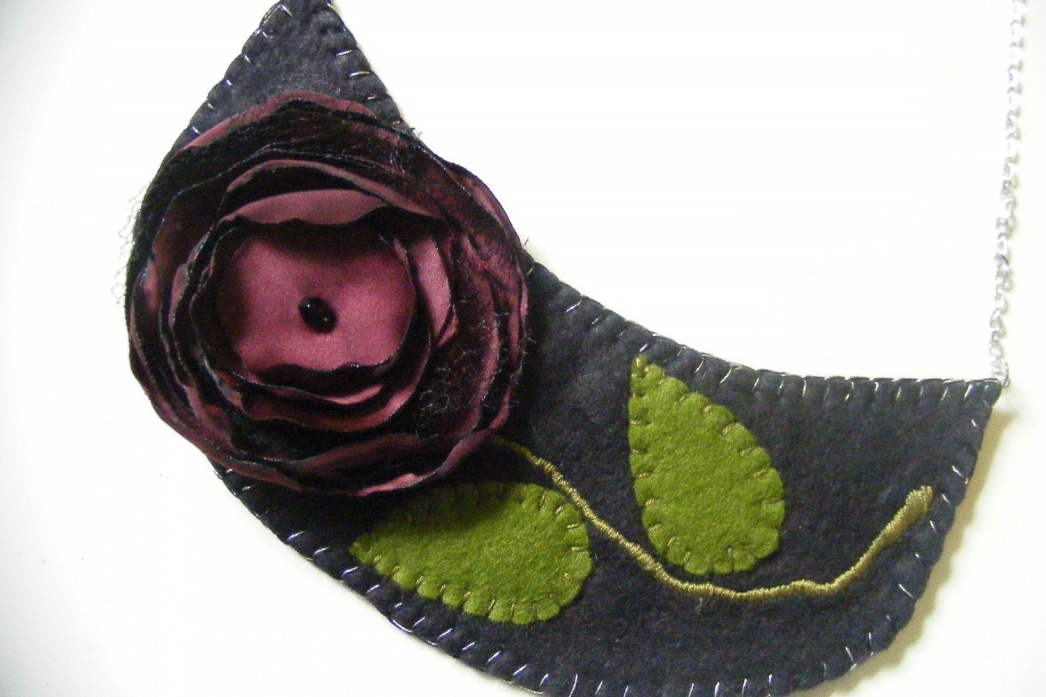 Burgundy Floral Embroidered Felt Bib Necklace