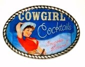 Cowgirl Cocktails Belt buckle with PinUp Cowgirl print Free Leather Belt Strap Included