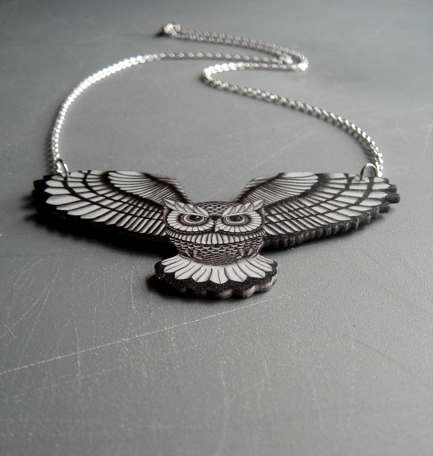 Swooping Owl in Black and White Necklace