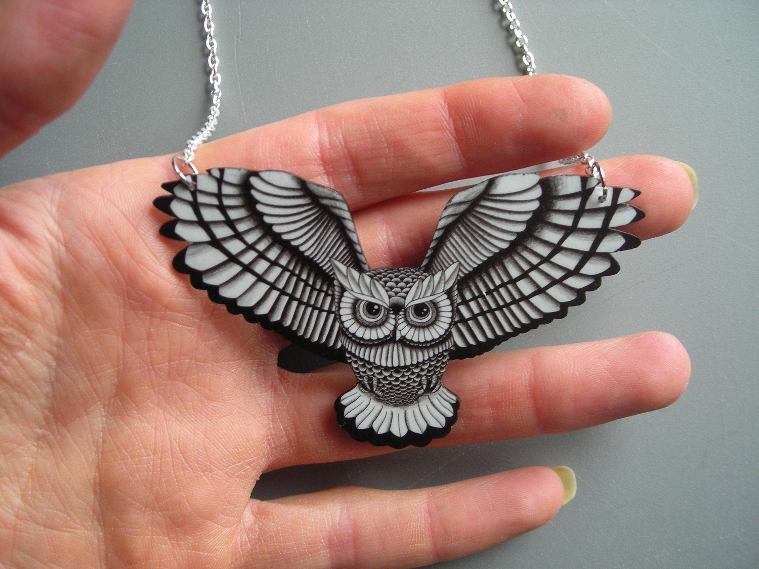 Swooping Owl in Black and White Necklace