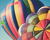 hot air balloon photograph / air travel, flight, stripes, colorful, blue sky, fly, transportation / up close / 8x8 fine art photograph