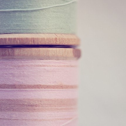 vintage spool thread photograph / sewing notion, wooden spools, blush pink, mint green / sew / 8x8 fine art photograph