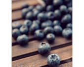 blueberry food photograph / kitchen decor, fruit, summer, berry, berries, wood, wooden / midnight blue, brown / spilled blueberries / 8x10