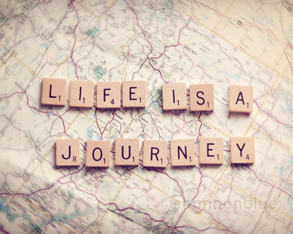 life travel photograph / journey, map, wanderlust, adventure, scrabble tiles, letters, typography / life is a journey / 8x 10 fine art photo