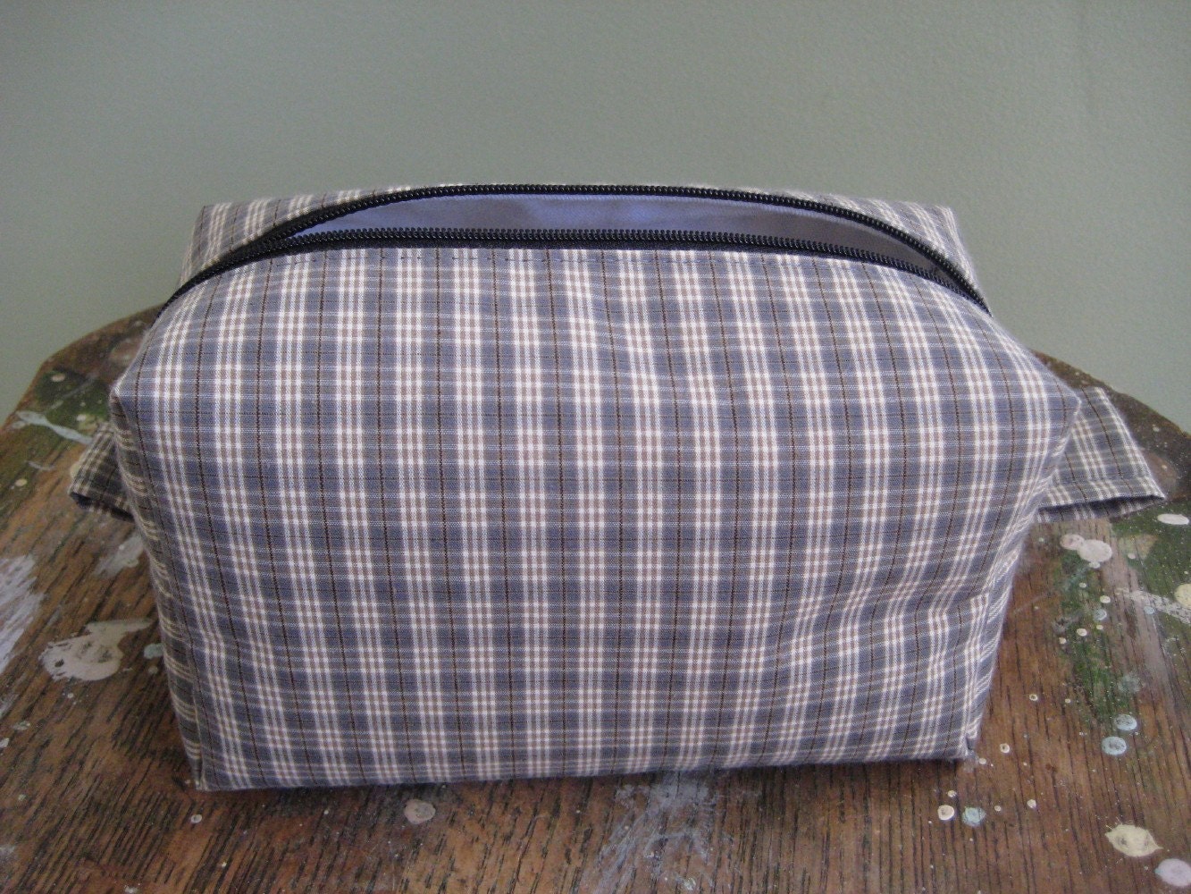 Mens plaid boxy toiletry bag from upcycled shirt