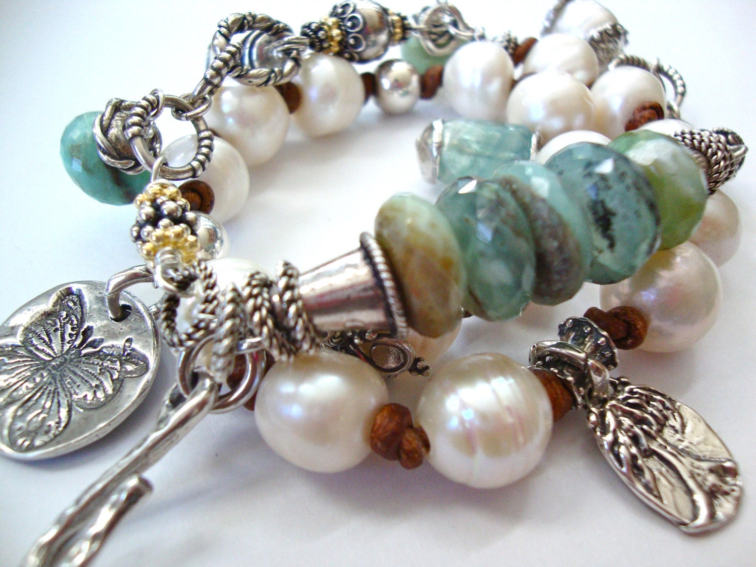 Huge Pearl leather Peruvian Opal sterling silver Necklace