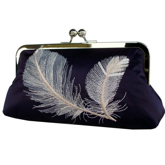 Pure Silk Embroidered Feathers Clutch in Navy Blue and Ivory