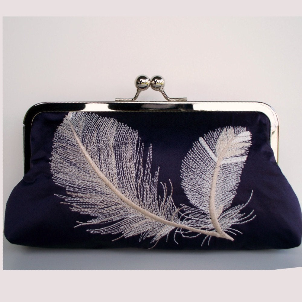 Pure Silk Embroidered Feathers Clutch in Navy Blue and Ivory