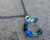 ON SALE Initial Letter C Blue Green Glass Bead Mosaic Charm Necklace