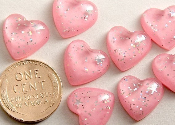 13mm Small Pink Sparkle Glitter Heart Resin Cabochons - 8 pc set