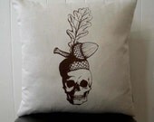 Skull with Acorn Hat silkscreened cotton canvas throw pillow 18 inch square