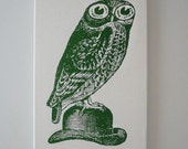 Owl on Bowler Hat silk screened canvas wall hanging 18x12 GREEN