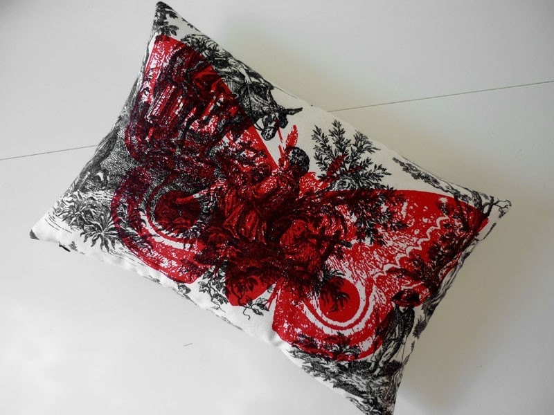 Giant IO Moth silk screened cotton toile throw pillow 12x18 red