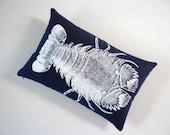 Slipper Lobster silk screened cotton canvas throw pillow 12x18 navy white