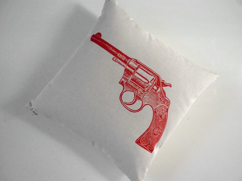 Vintage Colt Revolver silk screened cotton canvas throw pillow 18 inch red