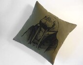 Professor Walrus silk screened cotton canvas throw pillow 18x18 moss green black