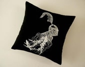 Jellyfish in armor silk screened cotton canvas throw pillow 18 inch white on black