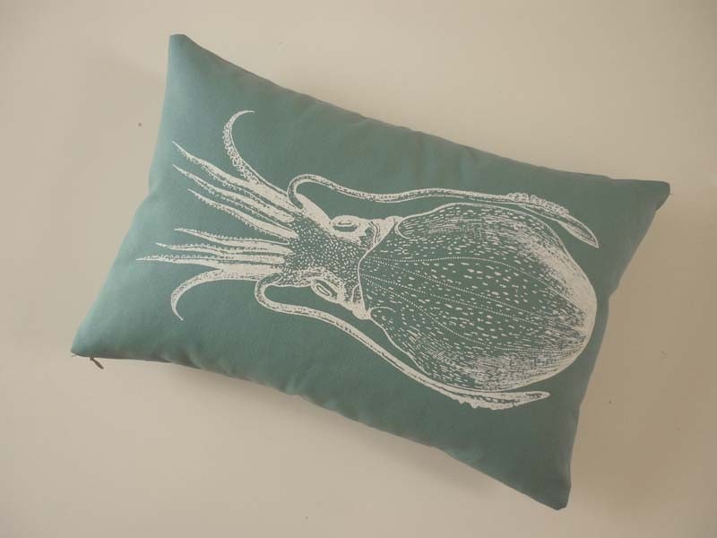 Cuttlefish Squid silk screened cotton canvas throw pillow 18x12 white on light blue teal