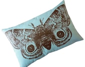 Giant IO Moth silk screened cotton canvas throw pillow toile 18x12 teal blue brown