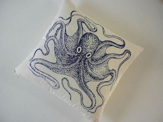Vintage Octopus silk screened cotton throw pillow 18 inch navy unbleached