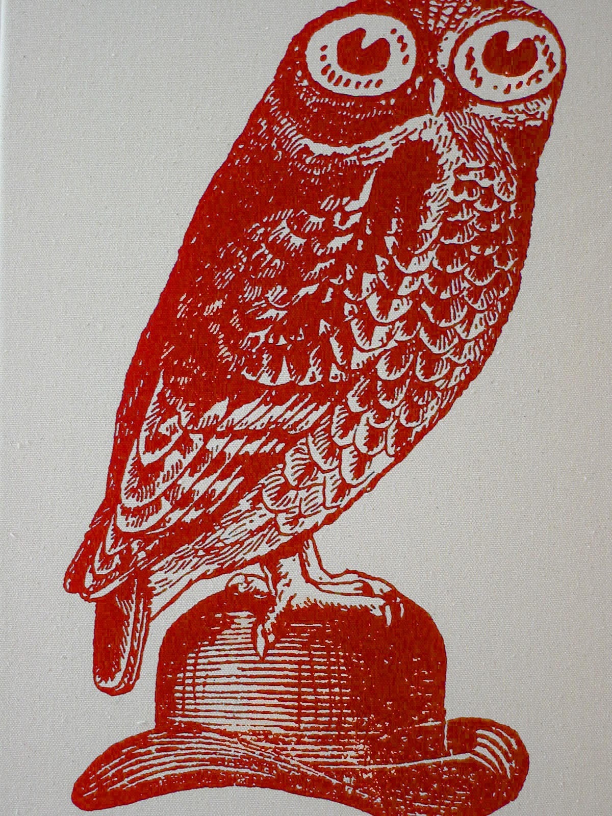 Owl on Bowler Hat silk screened canvas wall hanging 18x12 RED