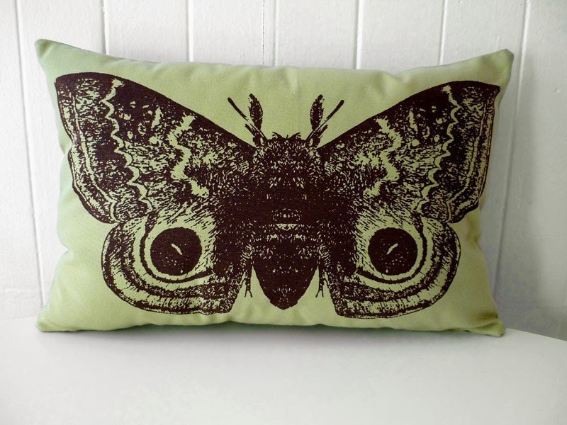 Giant IO Moth silk screened cotton canvas throw pillow toile 18x12 apple green brown